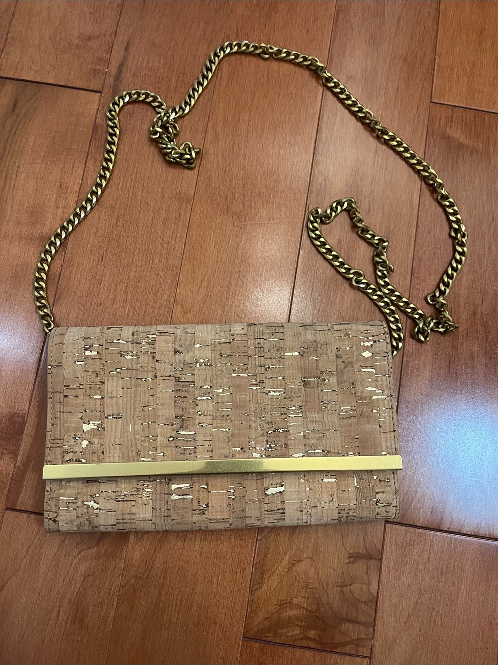 J. Crew Cork Fold-Over Clutch with Gold Chain - Neutral Beige